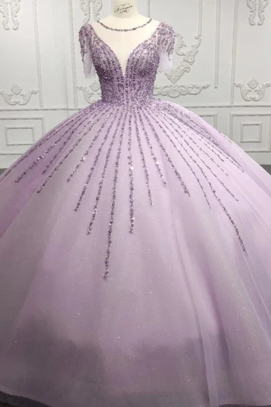 Quinceanera Dress Princess Sheer Neck Long Prom Dresses Short Sleeves Ball Gown Soft Maxi Dress