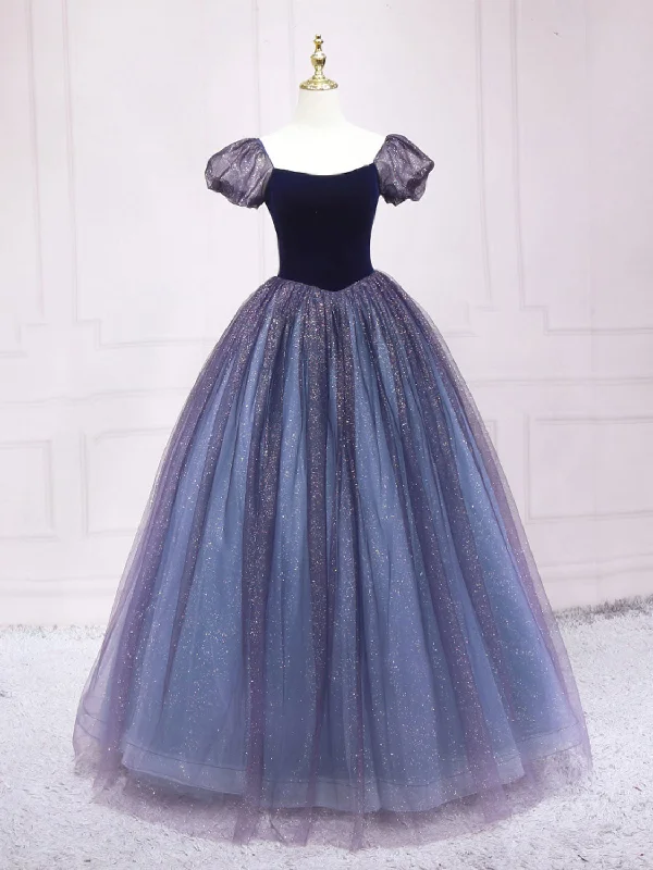 Quinceanera Dress Purple Tulle Long Prom Dresses Shiny Purple Tulle Formal Gown Sweet Dress High-Waist Maxi Skirt