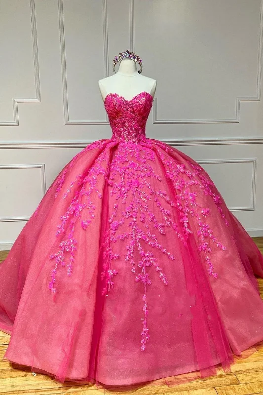 Vintage Ball Gown Sweetheart Pink Lace Appliques Tulle Long Quinceanera Dresses Button-down Maxi Skirt