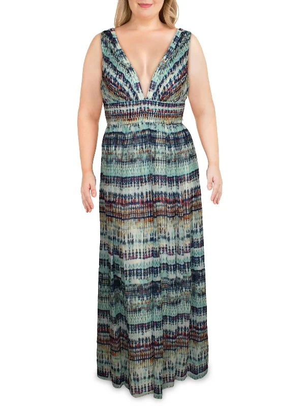 Womens Printed V-Neck Maxi Dress Flowing Boho Skirt