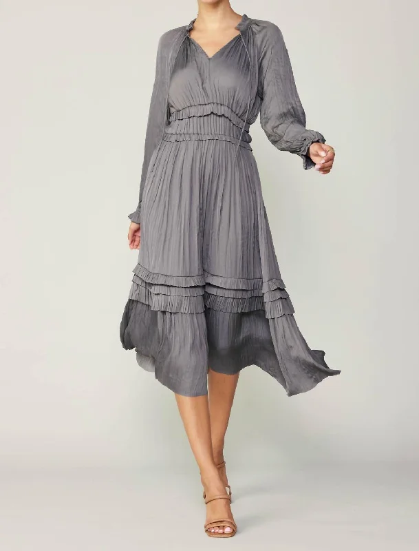 Leia Pleated Midi Dress In Grey Lace-up Midi Skirt