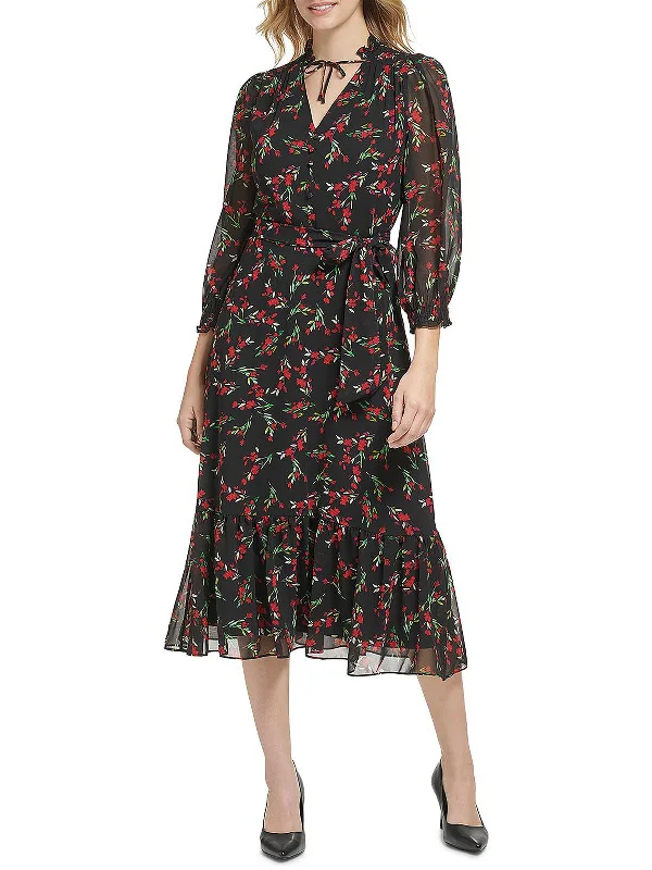 Womens Chiffon Floral Print Midi Dress Trendy Midi Look