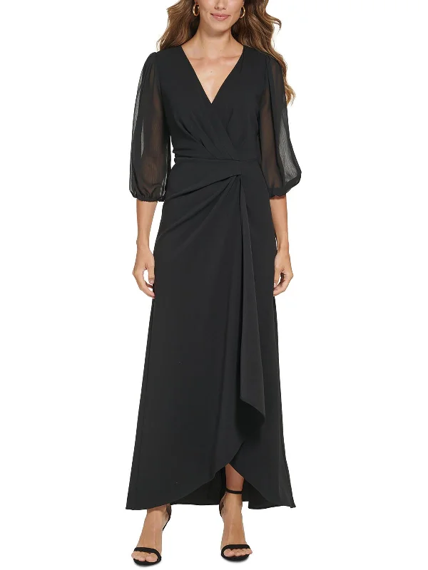 Womens Crepe Faux Wrap Midi Dress Front Button Midi