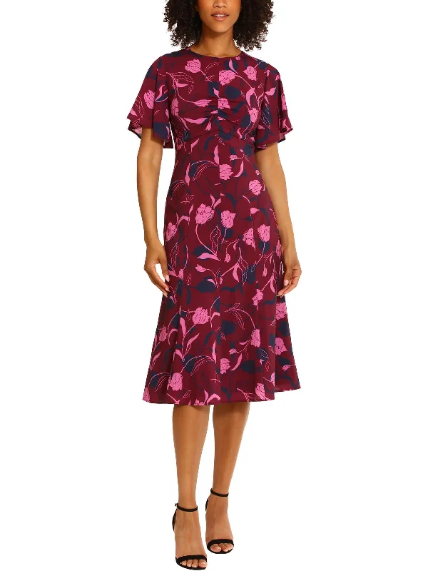 Womens Floral Ruched Midi Dress Soft Midi Skirt