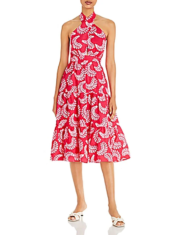 Womens Leaf Print Midi Halter Dress Summer Midi Skirt