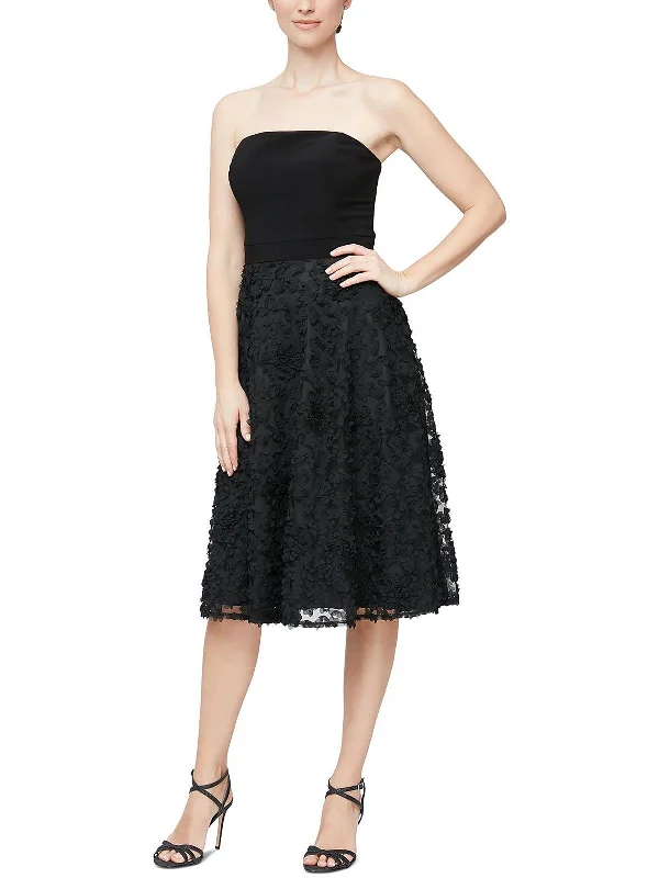 Womens Strapless Midi Cocktail and Party Dress Ruffled Skirt Midi