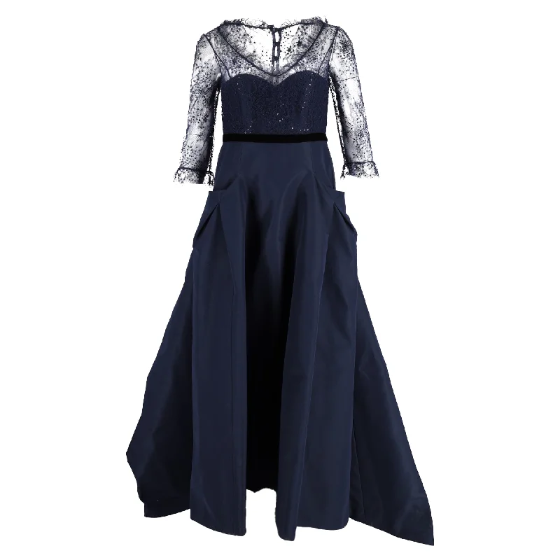 Carolina Herrera Lace Sleeve Ballgown in Navy Blue Silk Off-the-shoulder Lace