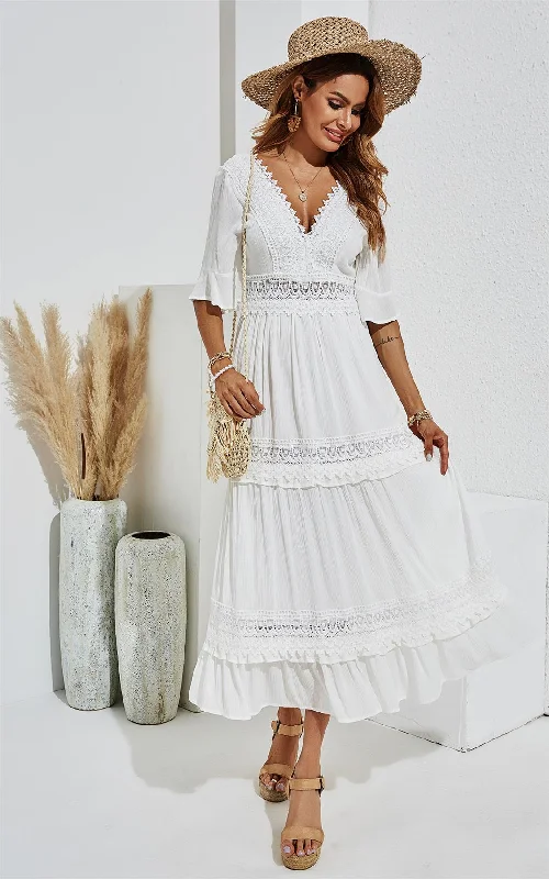 Double Sided V Neck White Lace Dress In Ivory White Tiered Lace Dress