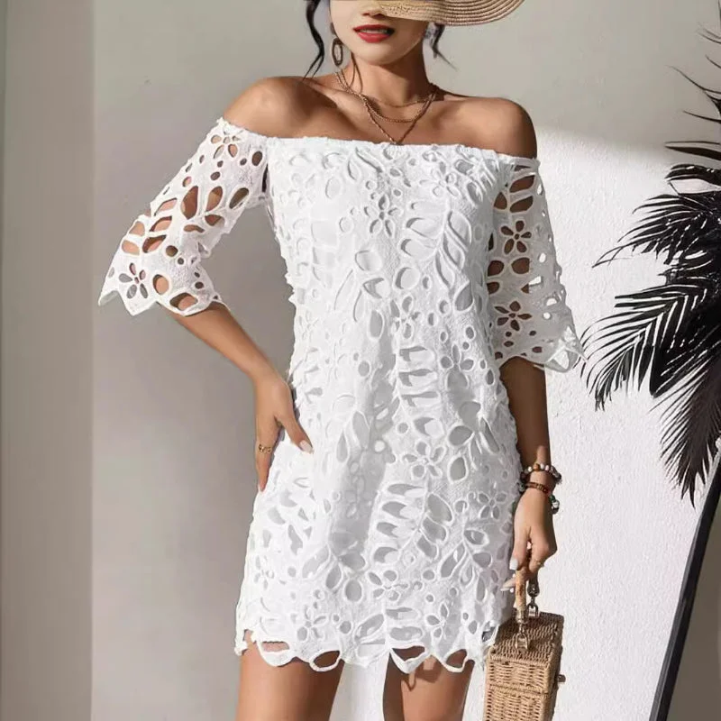 Elegant Lace Hollow Out One-Shoulder Strapless Dress Boho Lace Dress