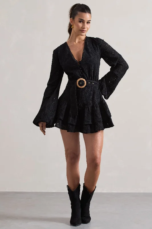 Places To Be | Black Broderie Belted Ruffled Playsuit Lace Dress Twirl