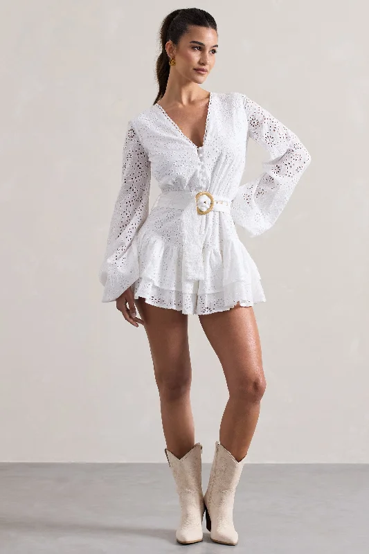 Places To Be | White Broderie Belted Ruffled Playsuit Lace Gown Glam