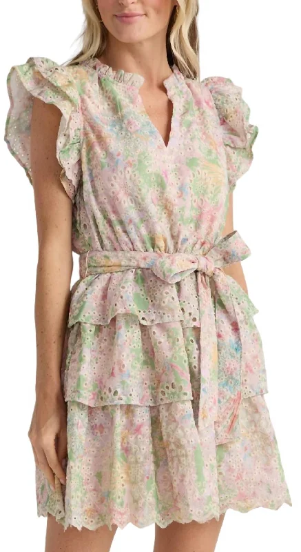 Print Eyelet Lace Tiered Dress In Pink Green Lace Dress Glamour