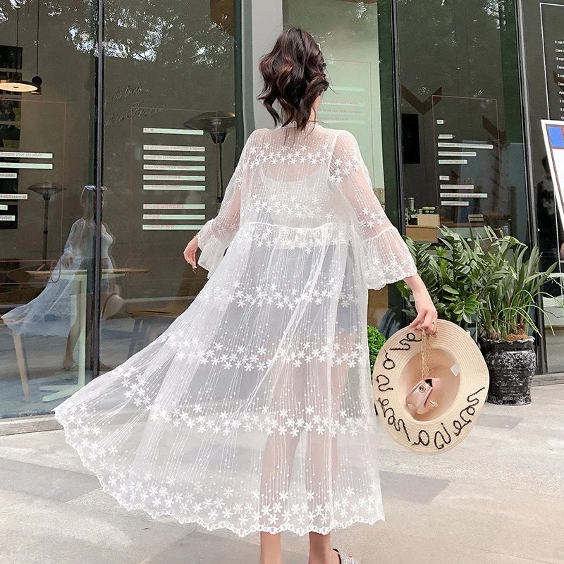 Shawl Mid-Length Lace Open Cardigan Dress Long Sleeve Lace Dress