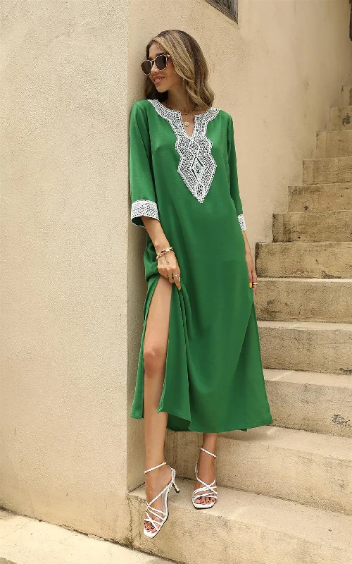 White Lace Detail Tunic Midaxi Dress In Green Lace Detail Gown