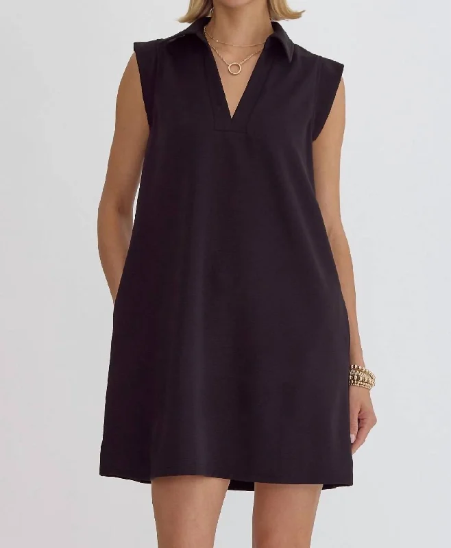 Collared Tank Dress In Black Soft Cotton Tank Dress