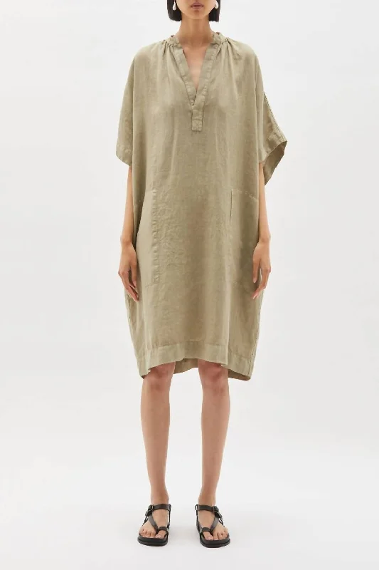 Washed Linen Gathered Tank Dress In Artichoke Minimalist Tank Dress